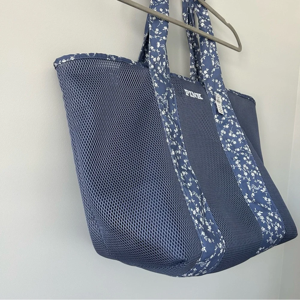 PINK by Victorias Secret Blue Floral Mesh Oversized Zip Top Tote Bag NWT